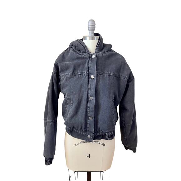 CALI 1850 Black Denim Sherpa Jacket Hoodie Small Cropped Hooded Lined - Picture 1 of 6